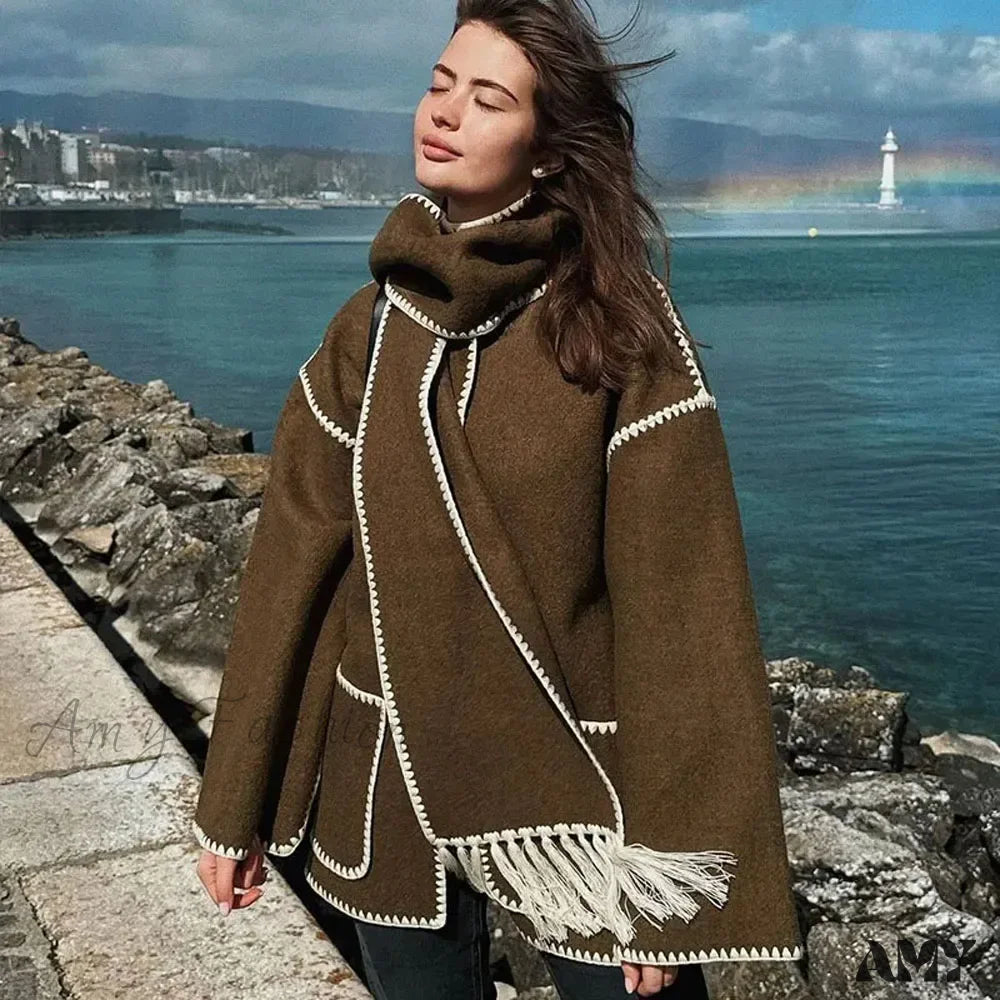 New O Neck Long Sleeve Crochet Contour Scarf Straight Button Pocket Vintage Casual Cozy Coat Brwon