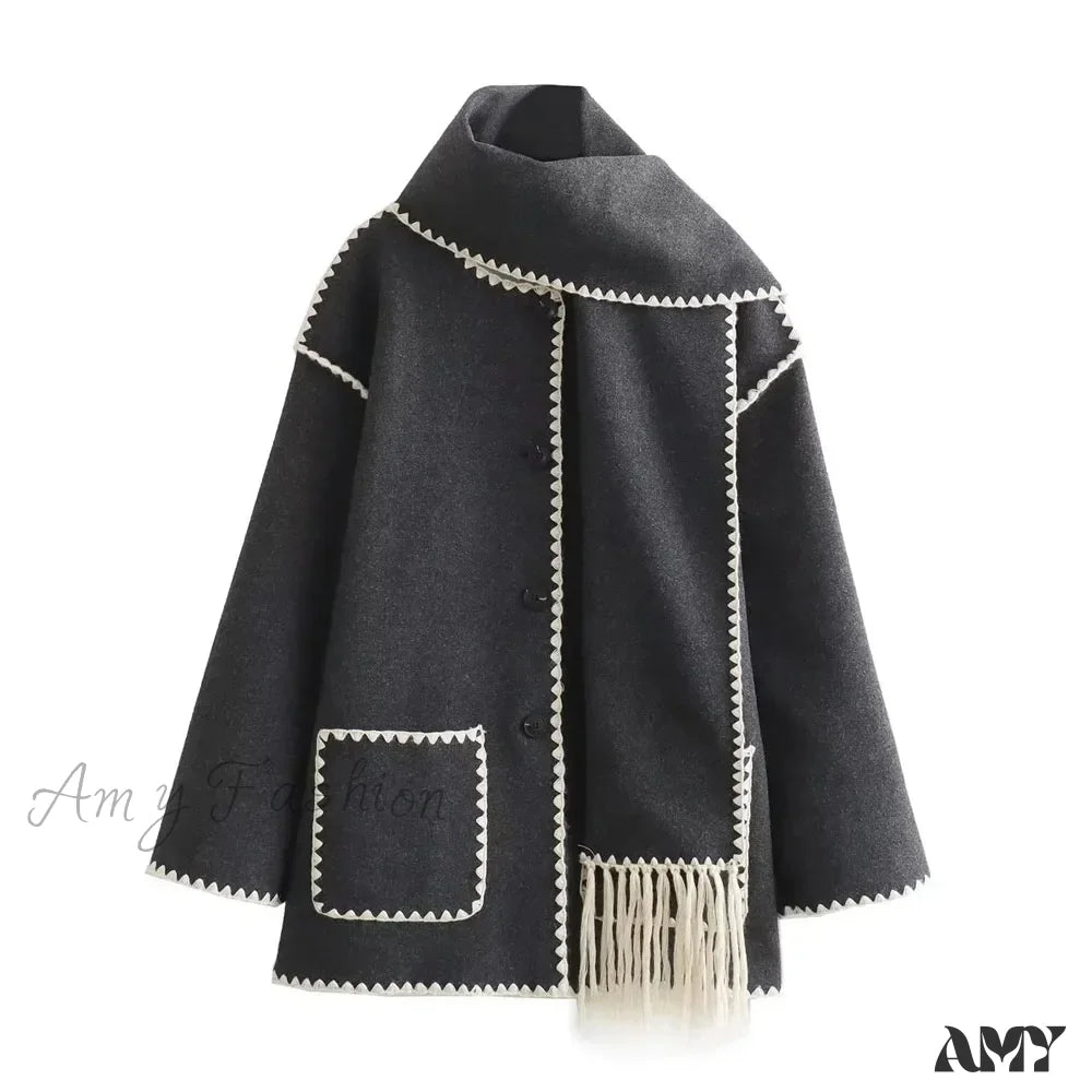 New O Neck Long Sleeve Crochet Contour Scarf Straight Button Pocket Vintage Casual Cozy Coat Dark