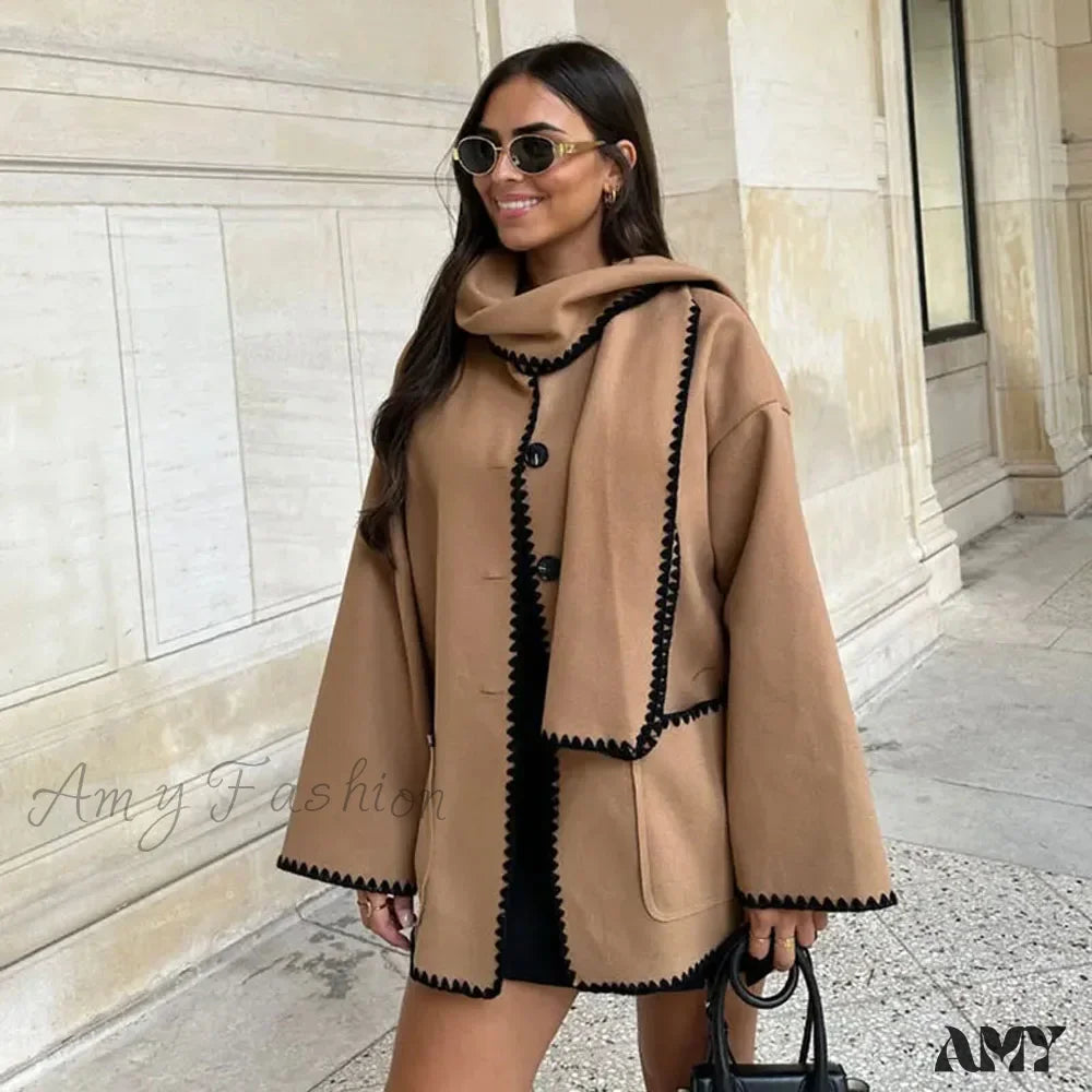 New O Neck Long Sleeve Crochet Contour Scarf Straight Button Pocket Vintage Casual Cozy Coat Dark