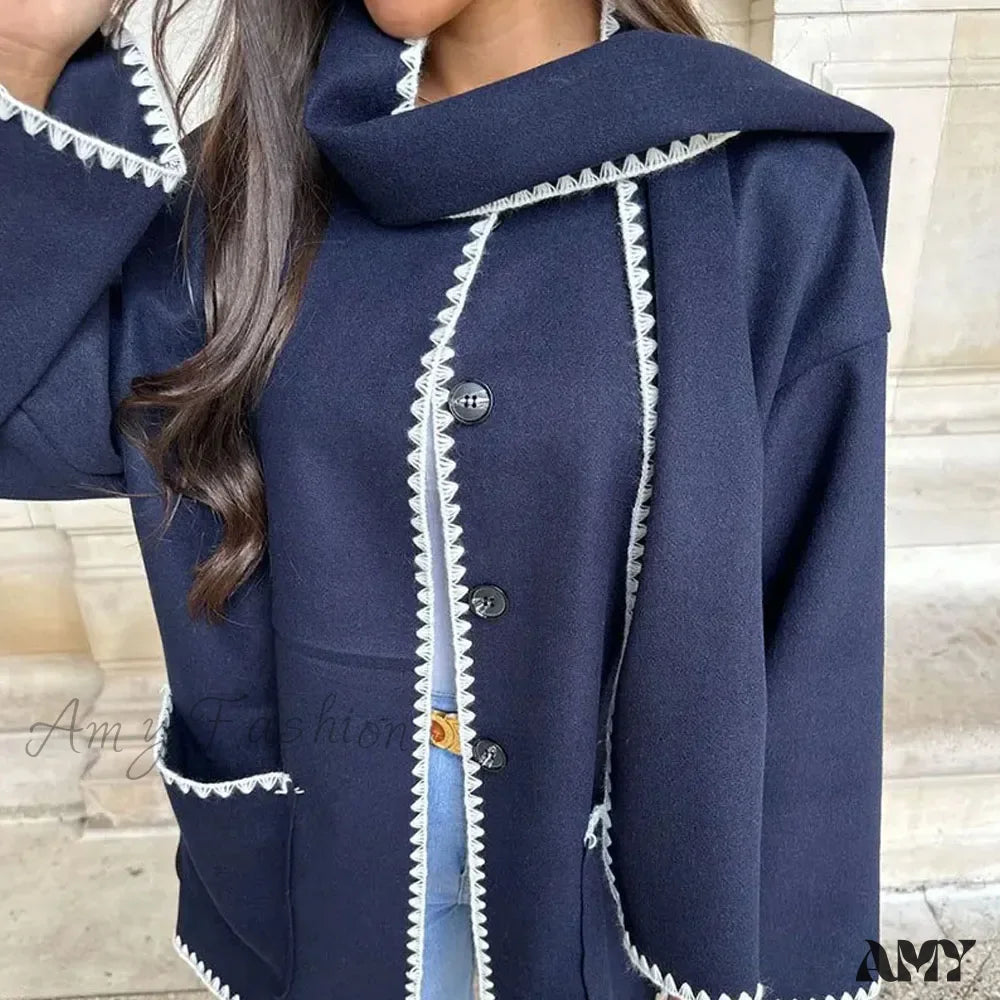 New O Neck Long Sleeve Crochet Contour Scarf Straight Button Pocket Vintage Casual Cozy Coat Navy