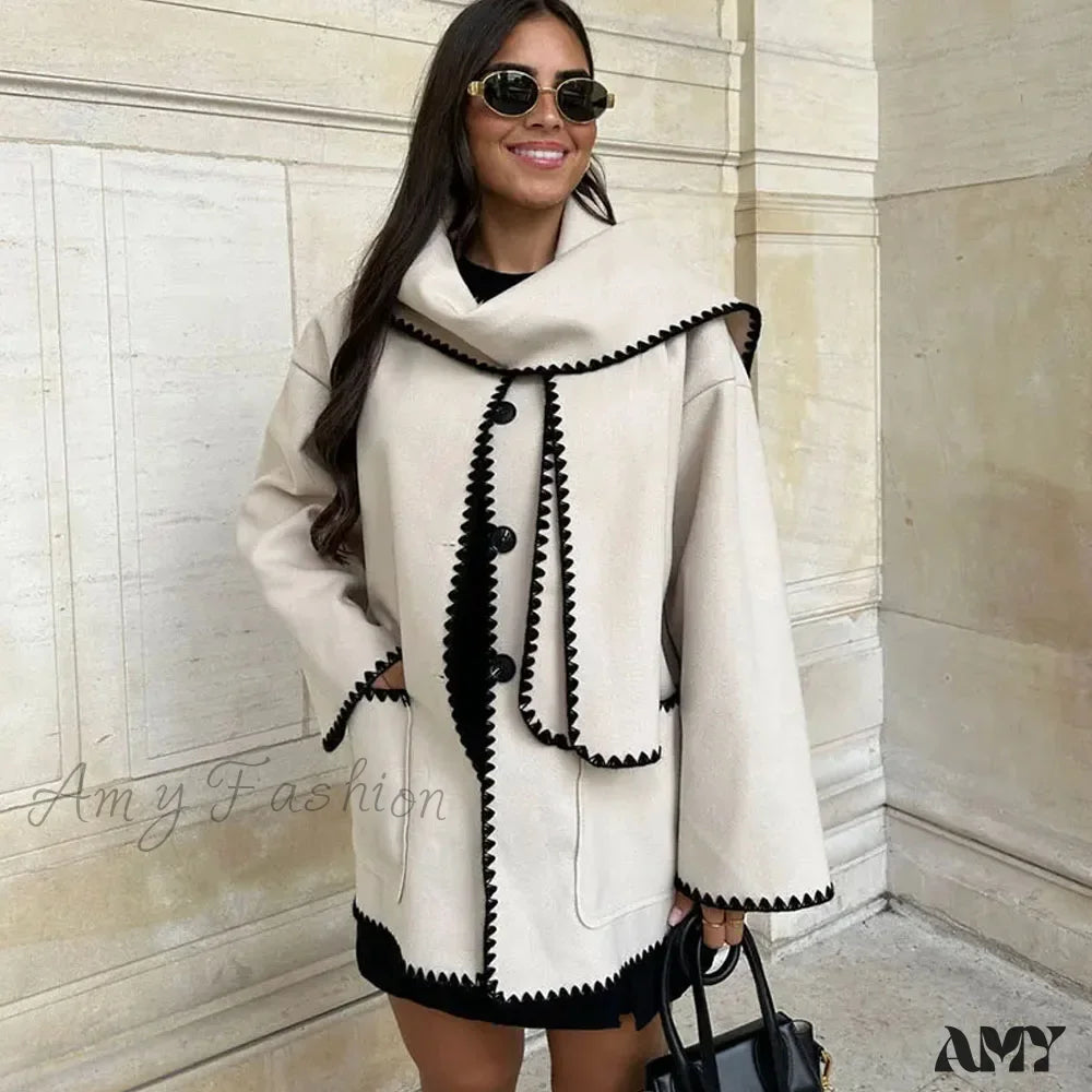 New O Neck Long Sleeve Crochet Contour Scarf Straight Button Pocket Vintage Casual Cozy Coat White