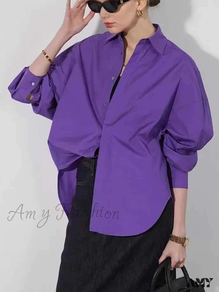 New Orange Oversize Cotton Candy Color Basic Button Down Blouse