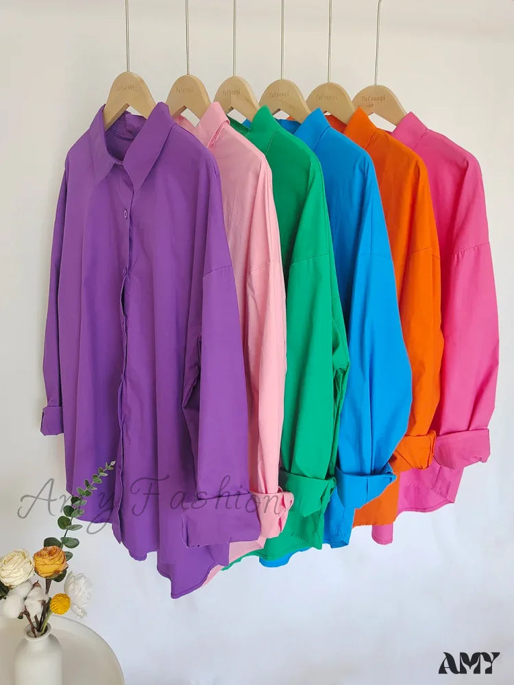 New Orange Oversize Cotton Candy Color Basic Button Down Blouse