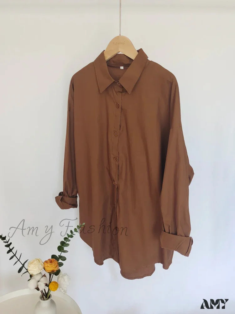New Orange Oversize Cotton Candy Color Basic Button Down Blouse