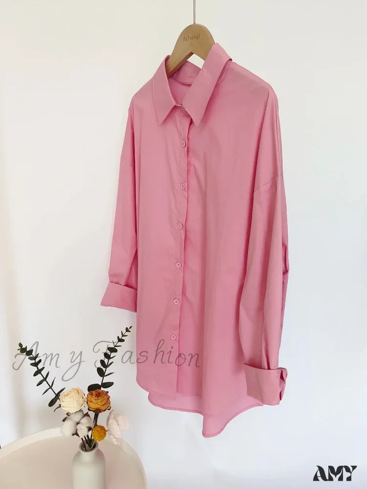 New Orange Oversize Cotton Candy Color Basic Button Down Blouse Pink / S