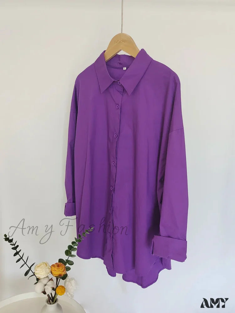 New Orange Oversize Cotton Candy Color Basic Button Down Blouse Purple / S