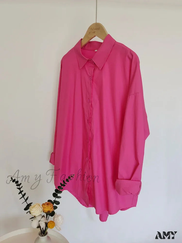 New Orange Oversize Cotton Candy Color Basic Button Down Blouse Rose Red / S