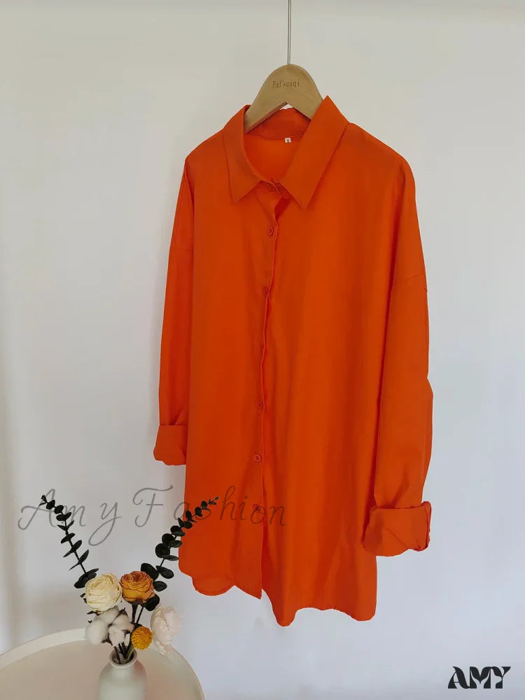 New Orange Oversize Cotton Candy Color Basic Button Down Blouse / S