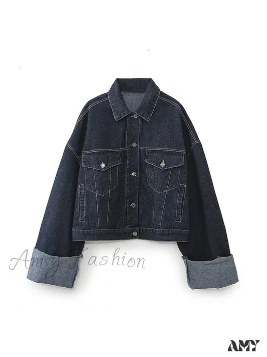 New Pockets Decorated Lapel Rolled Cuffs Retro Style Single-Breasted Short Jacket Blue / Xs