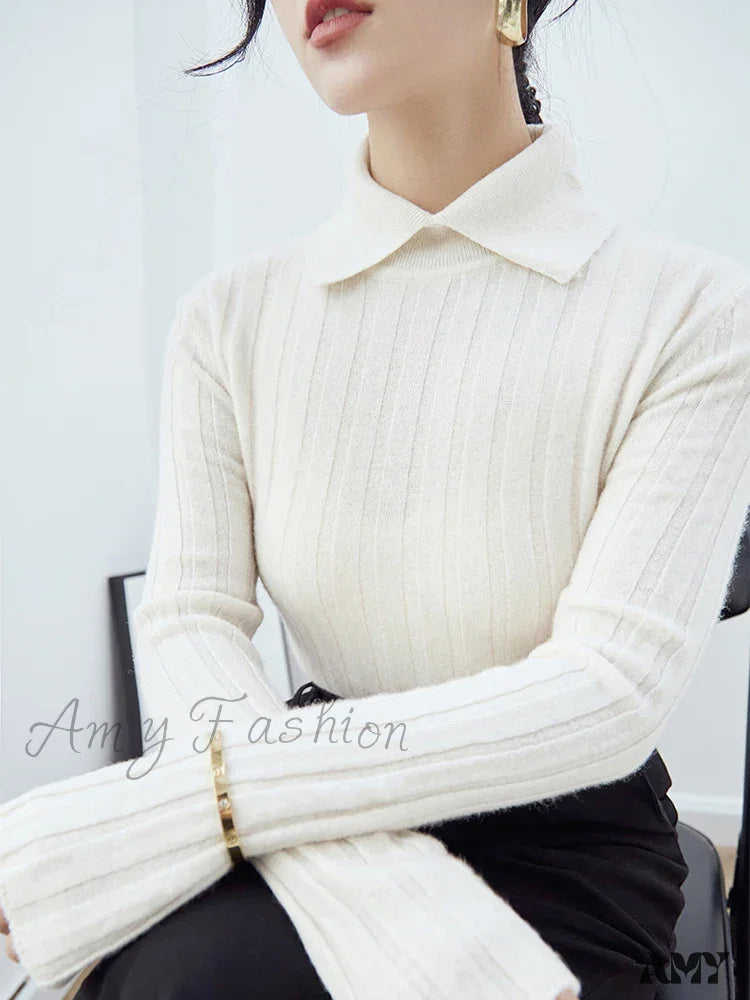 New Polo Collar Women’s Knitted Long Sleeve Slim Fit Pullovers Autumn Winter Sweater