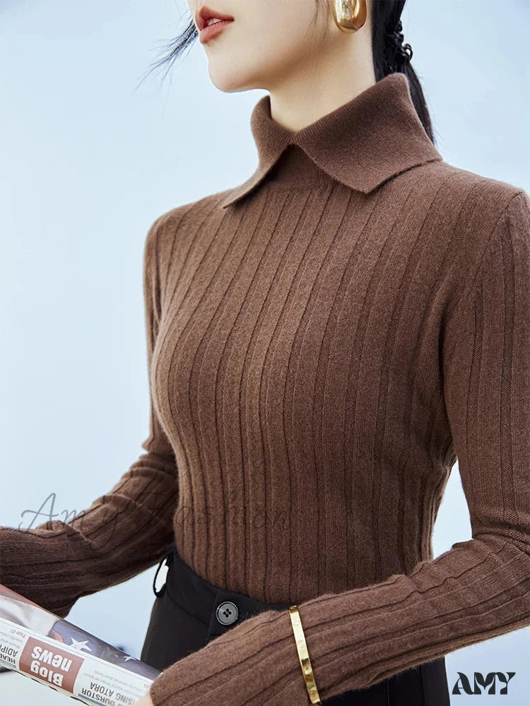 New Polo Collar Women’s Knitted Long Sleeve Slim Fit Pullovers Autumn Winter Sweater