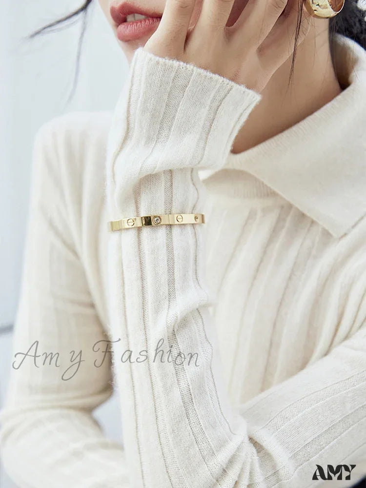 New Polo Collar Women’s Knitted Long Sleeve Slim Fit Pullovers Autumn Winter Sweater Beige / One