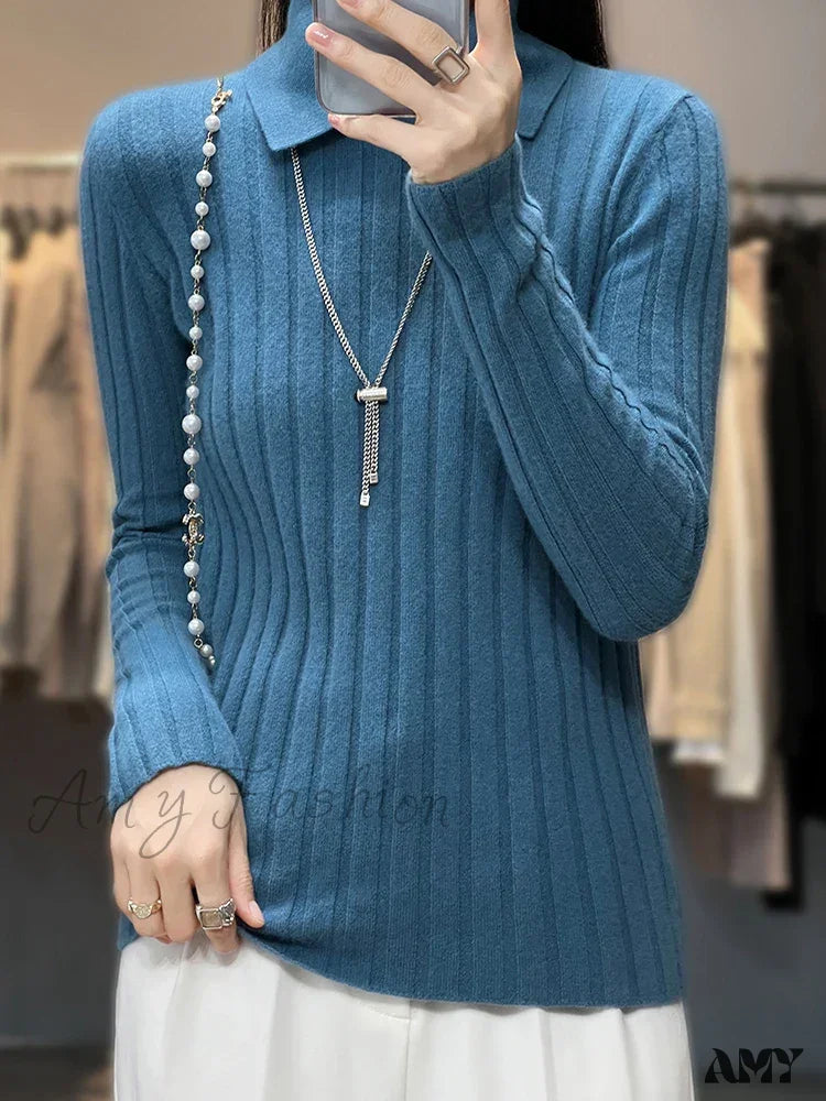 New Polo Collar Women’s Knitted Long Sleeve Slim Fit Pullovers Autumn Winter Sweater Blue / One Size