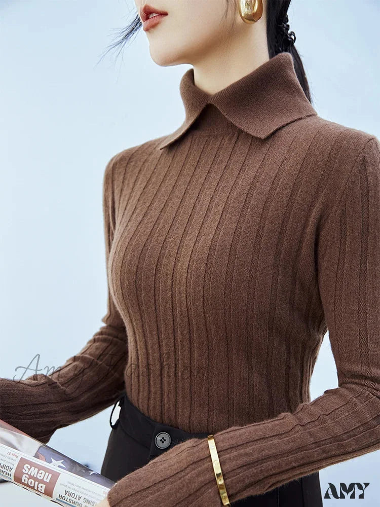 New Polo Collar Women’s Knitted Long Sleeve Slim Fit Pullovers Autumn Winter Sweater Brown / One