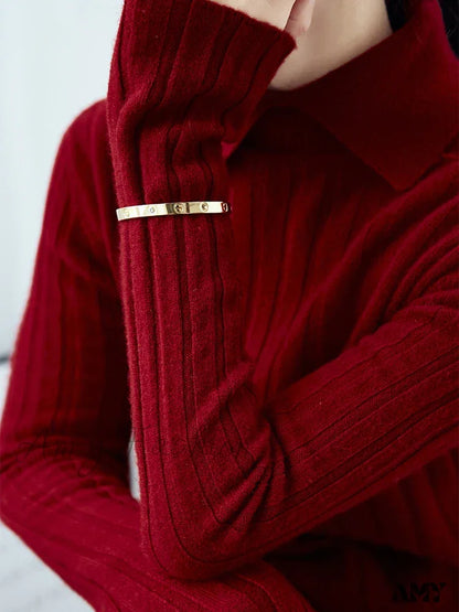 New Polo Collar Women’s Knitted Long Sleeve Slim Fit Pullovers Autumn Winter Sweater Red / One Size