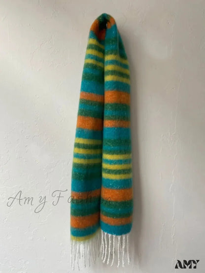 New Winter Cashmere Long Muffler Scarf - Thick And Warm Green Blue Orange / L214Cm W35Cm