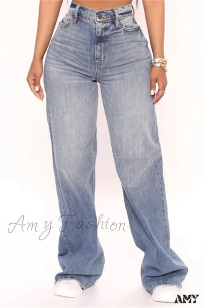 New Y2K High Waist Baggy Fashion Loose Wide Leg Casual Denim Female Jean Light Blue / Xs