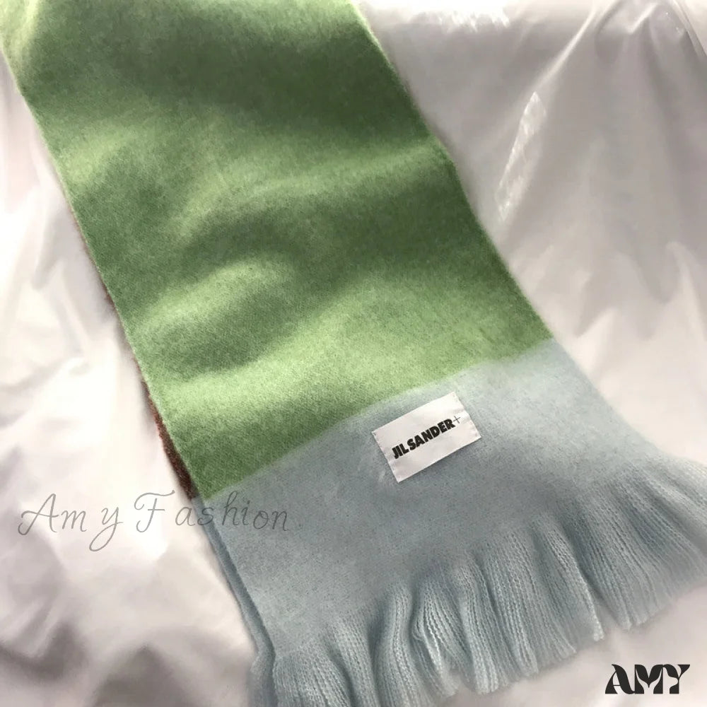 Niche Design Italian Warm Comfortable Cozy Striped Faux Cashmere Scarf Green / 175Cm以上