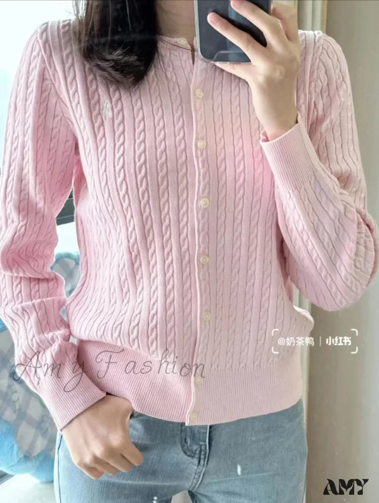 O-Neck Fashion Solid Casual Cashmere Cardigan Sweater Pink / S