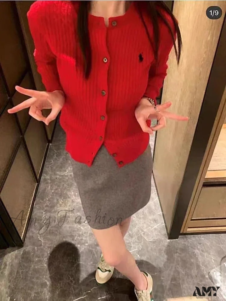 O-Neck Fashion Solid Casual Cashmere Cardigan Sweater Red / S