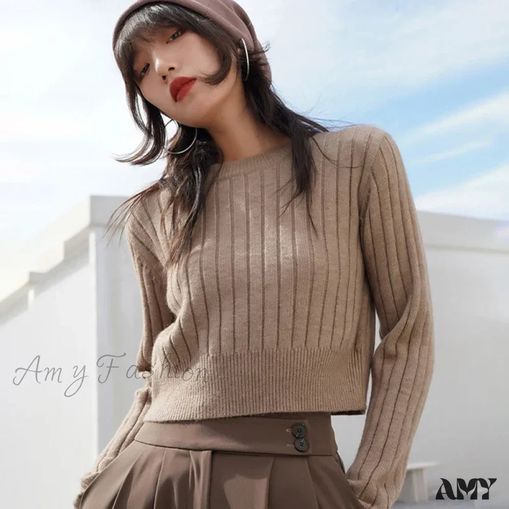 O-Neck Knitted Autumn Winter Solid Colour Casual Basic Elegant Sweater Camel / One Size