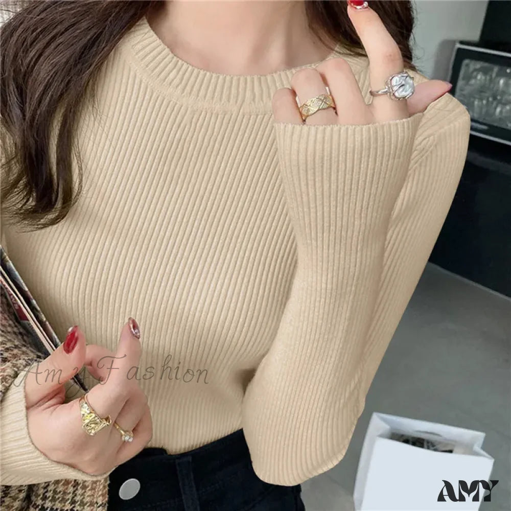 O-Neck Knitted Pullover Women Fashion 2024 New Autumn Stretch Tops Sweater Beige / One Size