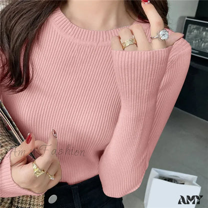 O-Neck Knitted Pullover Women Fashion 2024 New Autumn Stretch Tops Sweater Pink / One Size