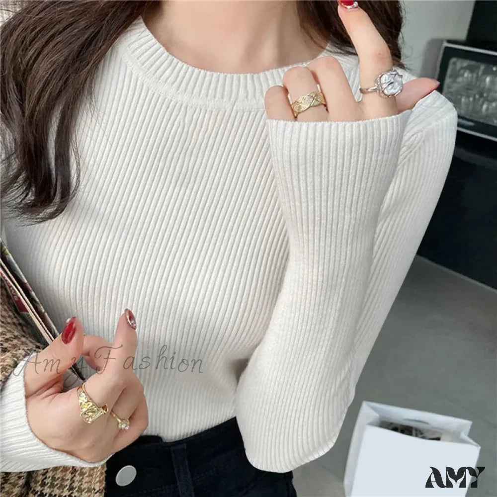 O-Neck Knitted Pullover Women Fashion 2024 New Autumn Stretch Tops Sweater White / One Size