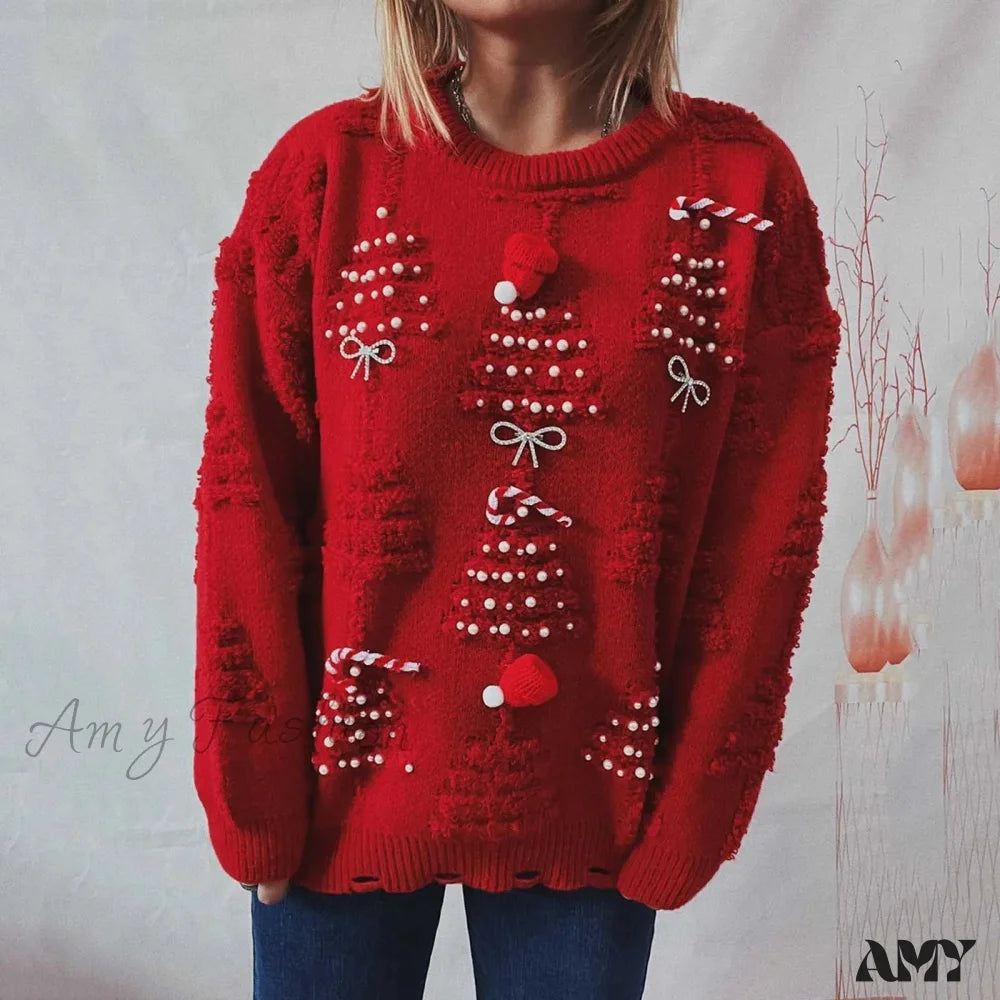 O-Neck Lantern Sleeve Loose Knitted Casual Christmas Sweater Red / S