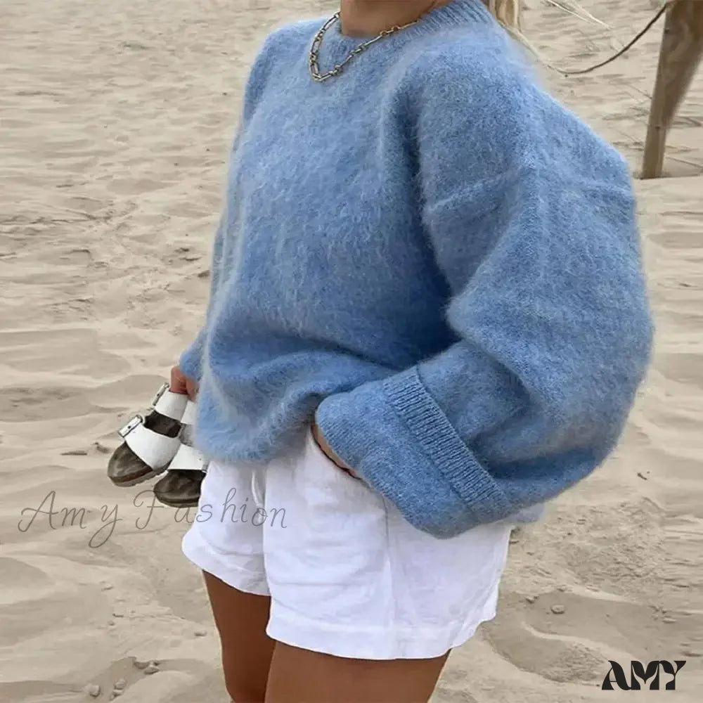 O-Neck Rib Knitted Mohair Long Sleeve Women Autumn Winter Loose Cropped Jumper Casual Fashion