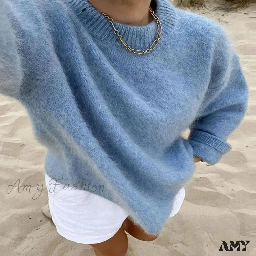 O-Neck Rib Knitted Mohair Long Sleeve Women Autumn Winter Loose Cropped Jumper Casual Fashion