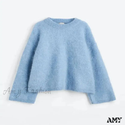 O-Neck Rib Knitted Mohair Long Sleeve Women Autumn Winter Loose Cropped Jumper Casual Fashion