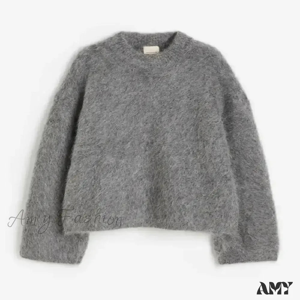 O-Neck Rib Knitted Mohair Long Sleeve Women Autumn Winter Loose Cropped Jumper Casual Fashion