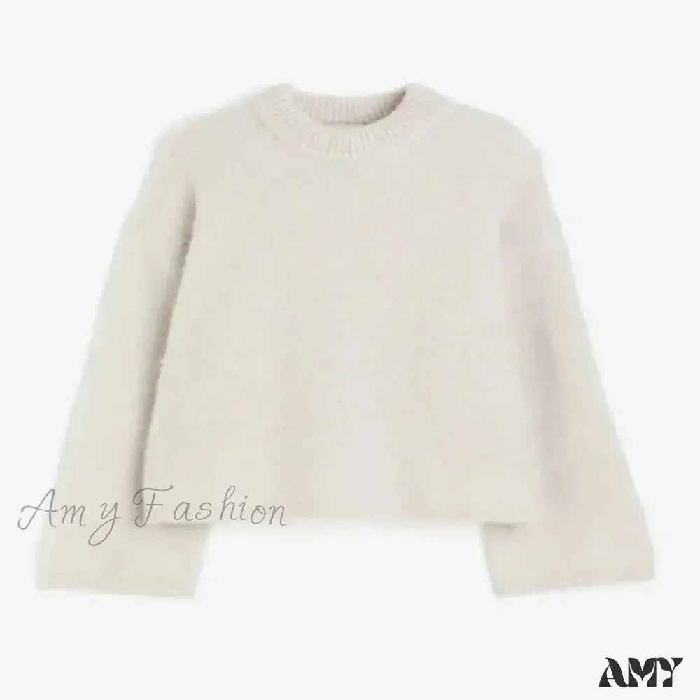 O-Neck Rib Knitted Mohair Long Sleeve Women Autumn Winter Loose Cropped Jumper Casual Fashion