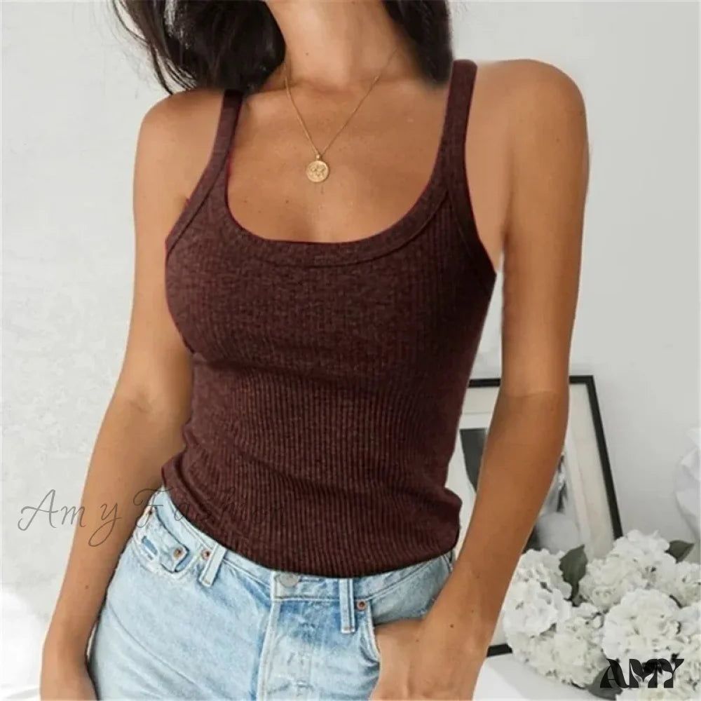 O Neck Summer Basic Ribbed Black Off Shoulder Casual Crop Top Brown / S