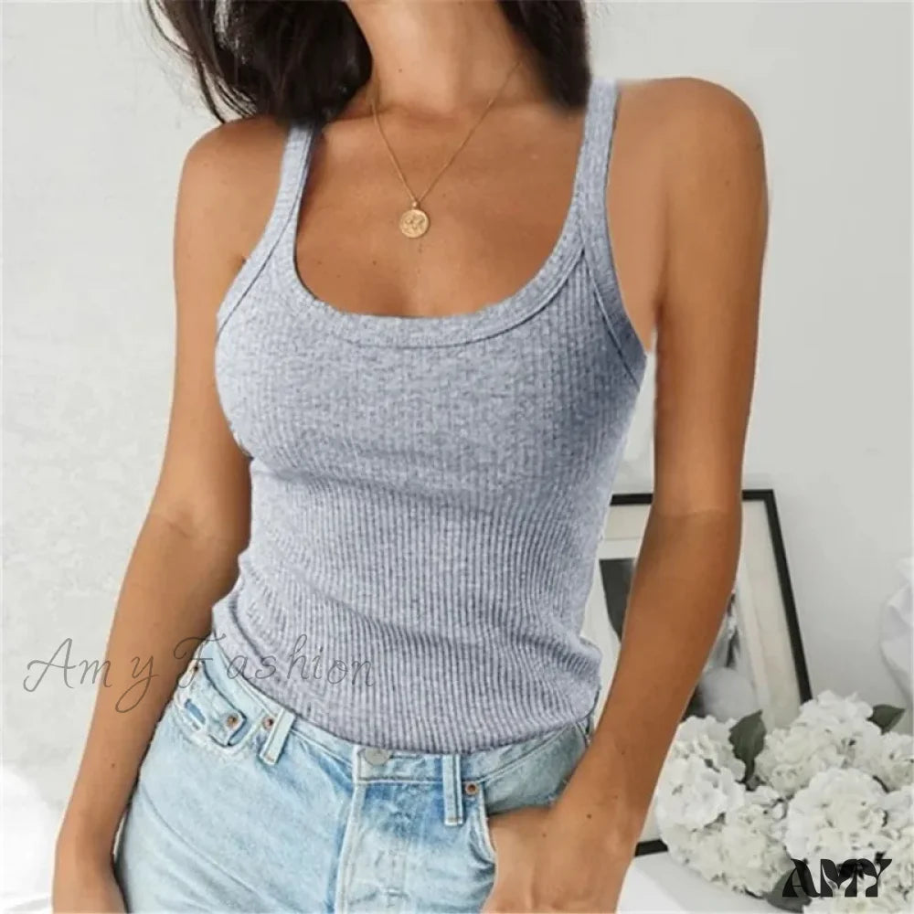 O Neck Summer Basic Ribbed Black Off Shoulder Casual Crop Top Grey / S