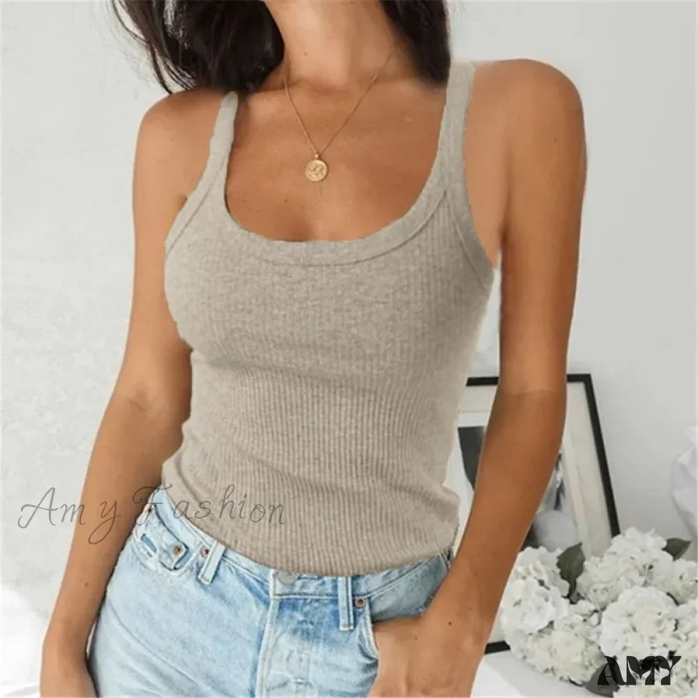 O Neck Summer Basic Ribbed Black Off Shoulder Casual Crop Top Khaki / S