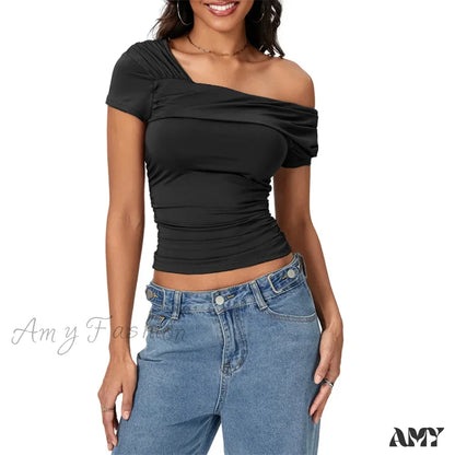 Oblique Shoulder Solid Color Sleeveless Cropped Aesthetic Streetwear Crop Top Black / S