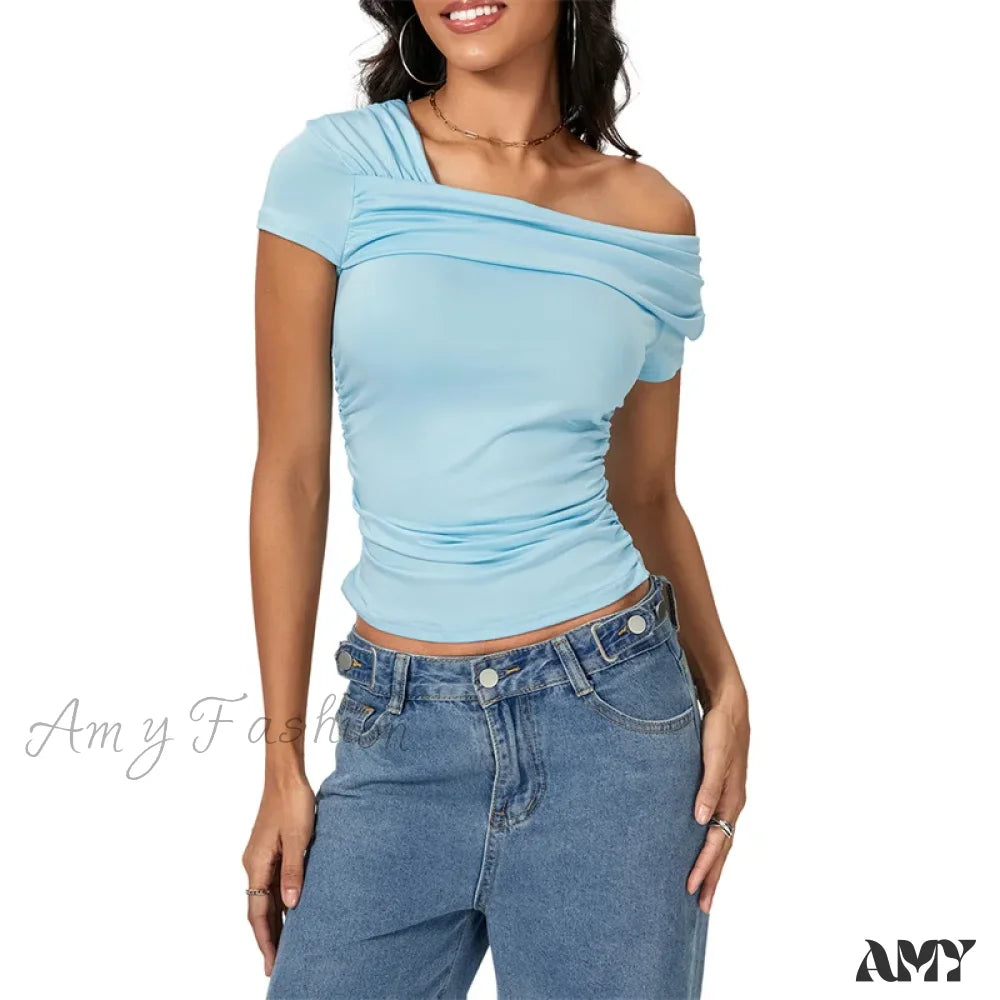 Oblique Shoulder Solid Color Sleeveless Cropped Aesthetic Streetwear Crop Top Blue / S