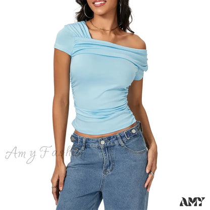 Oblique Shoulder Solid Color Sleeveless Cropped Aesthetic Streetwear Crop Top Blue / S