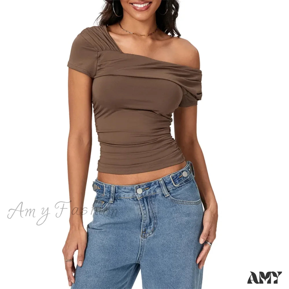 Oblique Shoulder Solid Color Sleeveless Cropped Aesthetic Streetwear Crop Top Brown / S