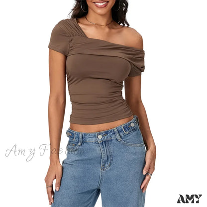 Oblique Shoulder Solid Color Sleeveless Cropped Aesthetic Streetwear Crop Top Brown / S