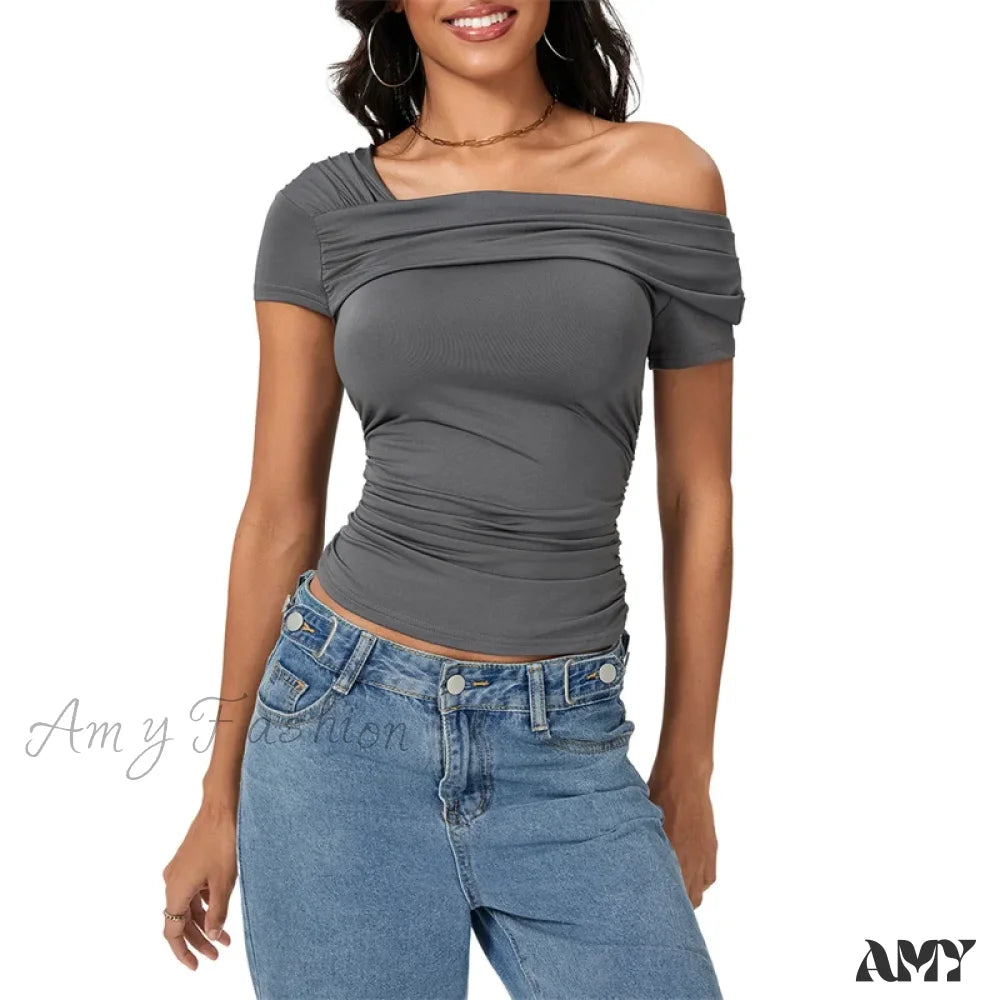 Oblique Shoulder Solid Color Sleeveless Cropped Aesthetic Streetwear Crop Top Grey / S