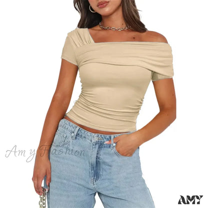 Oblique Shoulder Solid Color Sleeveless Cropped Aesthetic Streetwear Crop Top Khaki / S