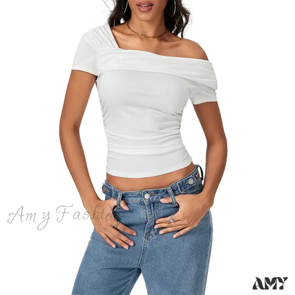 Oblique Shoulder Solid Color Sleeveless Cropped Aesthetic Streetwear Crop Top White / S