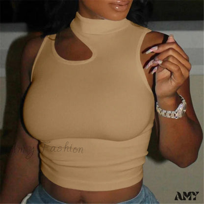 Off Shoulder High Elastic Fitness Bottom Round Neck Sleeveless Crop Top Dark Brown / S