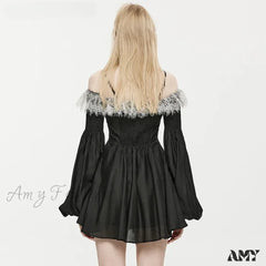 Off Shoulder Lace Edge Court Long Sleeve Collect Waist Neck Bands Sexy Gothic Dress