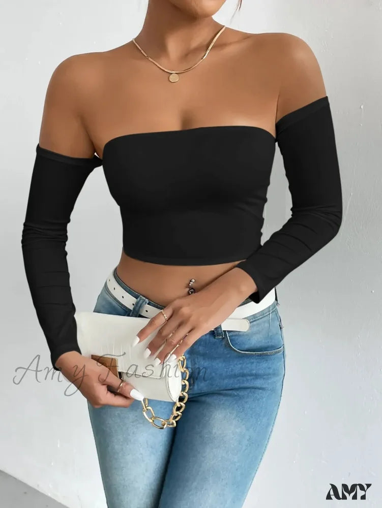 Off Shoulder Long Sleeve Casual Spring Fall Women’s Crop Top Black / S