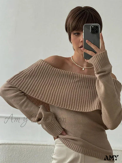 Off Shoulder Solid Slim Slash Neck Long Sleeve High Street Sweater