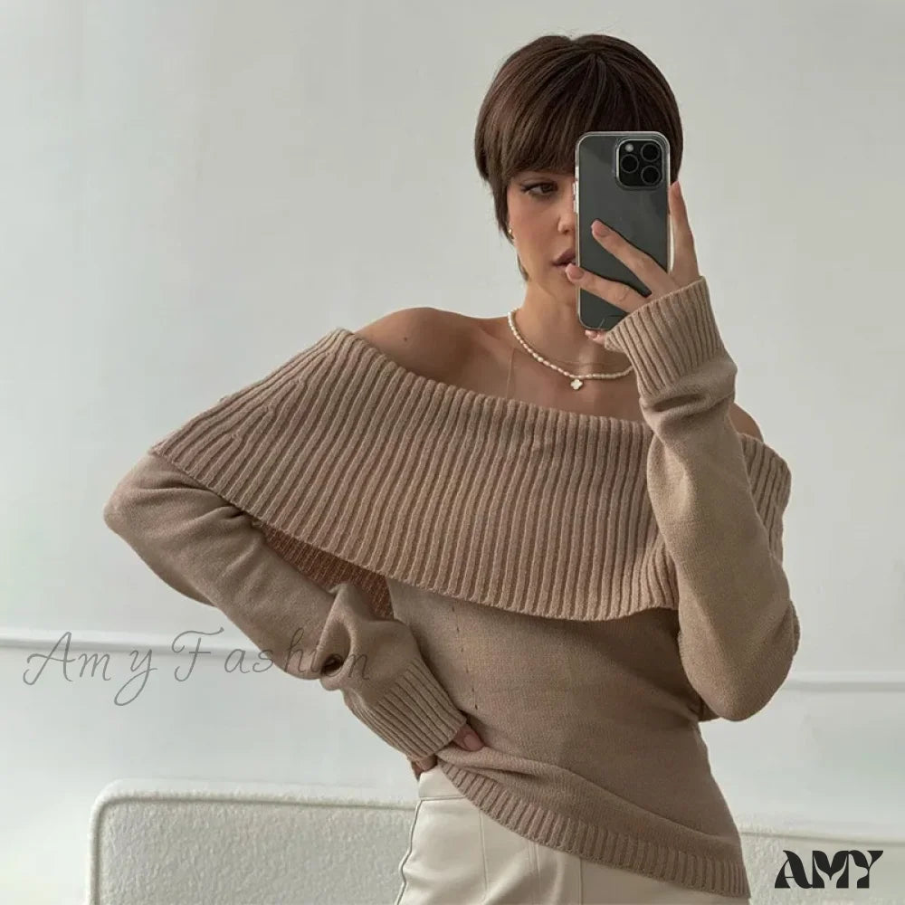 Off Shoulder Solid Slim Slash Neck Long Sleeve High Street Sweater Khaki / S